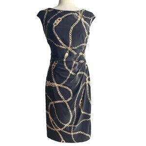 Lauren Ralph Lauren Dress Black Gold Chain Print Sleeveless Midi  Ruched sz 6